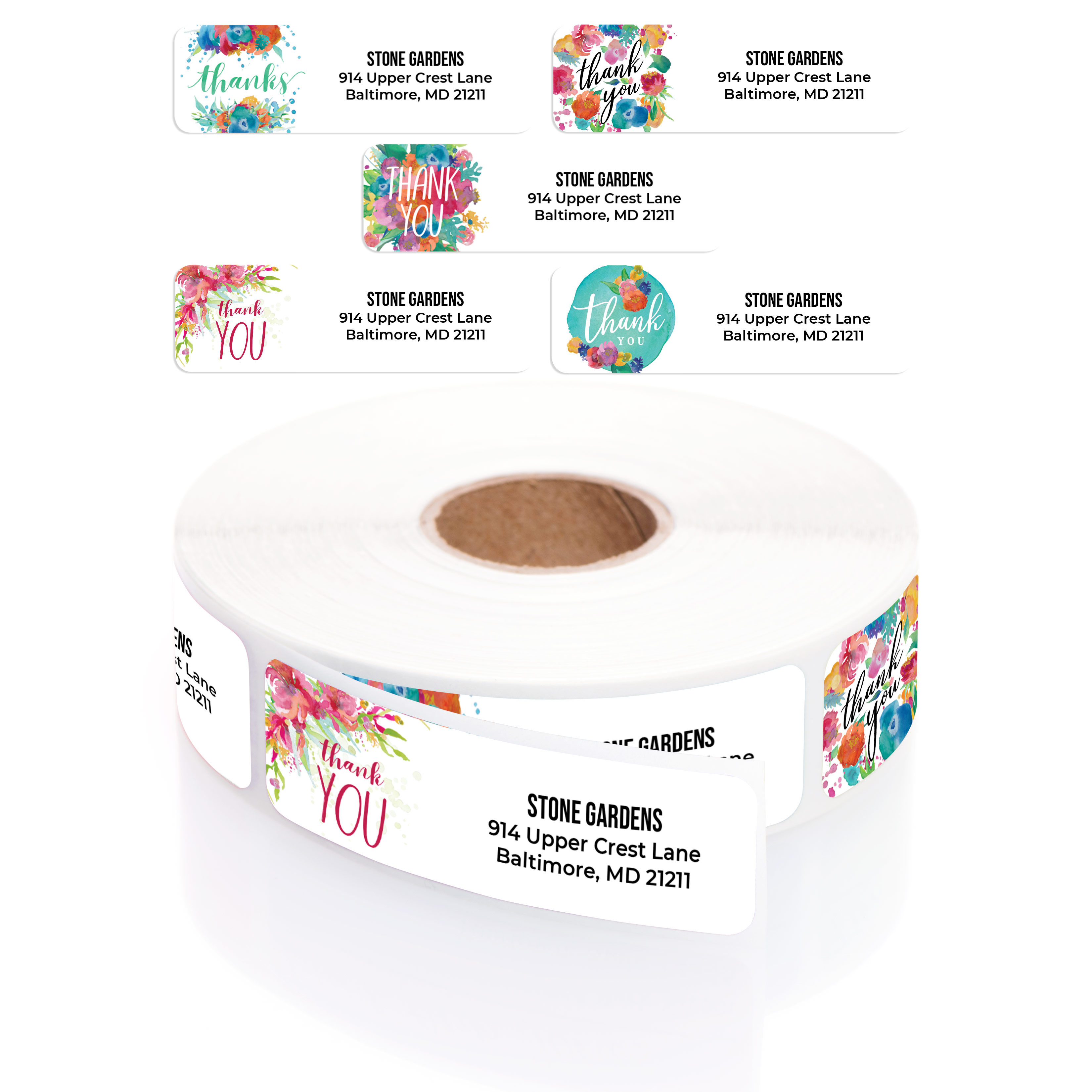 Floral Watercolor Thank You Business Designer Rolled Labels with Elegant  Plastic Dispenser