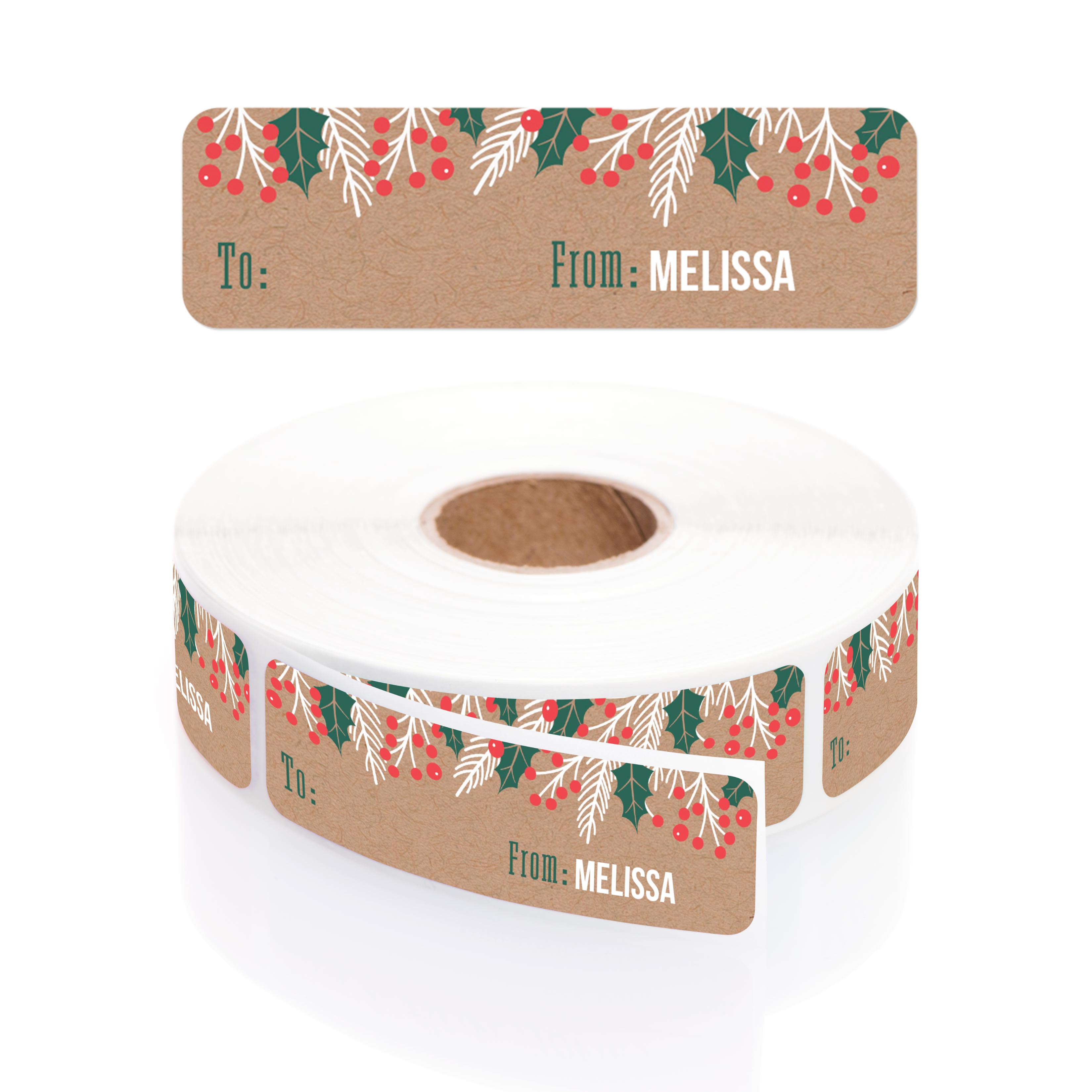 Kraft Style Holly Rolled Holiday Gift Tag Labels with Elegant Plastic  Dispenser