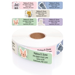 Modern Cats Designer Rolled Address Labels with Elegant Plastic Dispenser