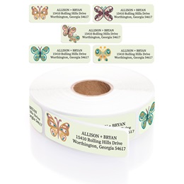 Folk Butterfly Assorted Rolled Address Labels with Elegant Plastic Dispenser