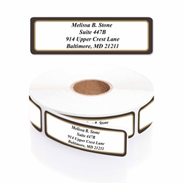 Black And Gold Designer Rolled Address Labels With Elegant Dispenser
