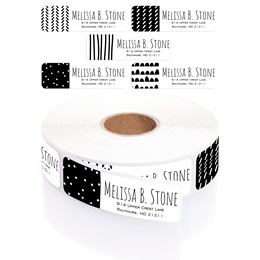 Black & White Assorted Geometric Rolled Address Labels with Elegant Plastic Dispenser