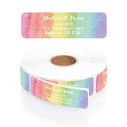 Rainbow Watercolor Designer Rolled Address Labels with Elegant Plastic Dispenser