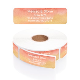 Coral and Orange Watercolor Designer Rolled Address Labels with Elegant Plastic Dispenser