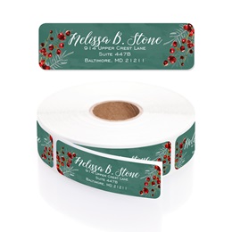 Pine and Berry Designer Rolled Address Labels with Elegant Plastic Dispenser