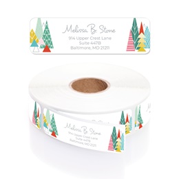 Modern Geometric Holiday Trees Designer Rolled Address Labels with Elegant Plastic Dispenser