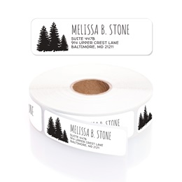 White & Black Forest Trees Designer Rolled Address Labels with Elegant Plastic Dispenser