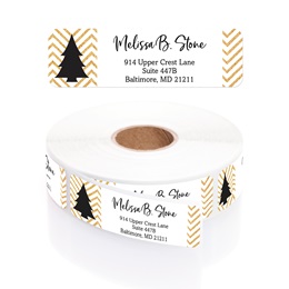 Black & Faux Gold Chevron Holiday Tree Designer Rolled Address Labels with Elegant Plastic Dispenser