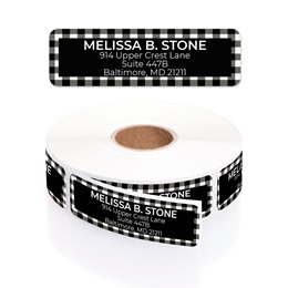 Black & White Buffalo Plaid Designer Rolled Address Labels with Elegant Plastic Dispenser