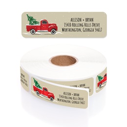 Red Holiday Truck Designer Rolled Address Labels with Elegant Plastic Dispenser