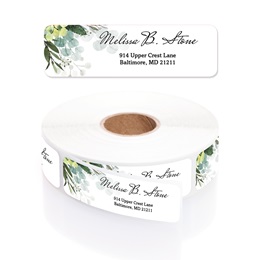 Boho Chic Greenery Eucalyptus Designer Rolled Address Labels with Elegant Plastic Dispenser