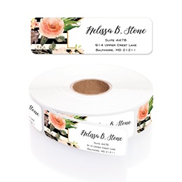 Black, White and Gold Stripe Floral Personalized Return Address Labels on A Roll With Dispenser