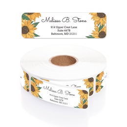 Illustrated Sunflower Designer Rolled Address Labels with Elegant Plastic Dispenser