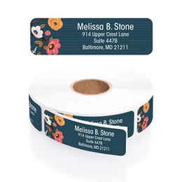 Navy Painted Blossoms Designer Rolled Address Labels with Elegant Plastic Dispenser