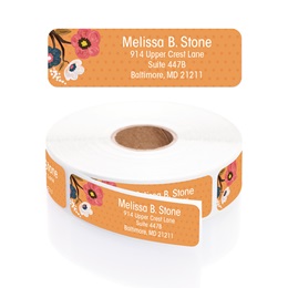 Orange Painted Blossoms Designer Rolled Address Labels with Elegant Plastic Dispenser