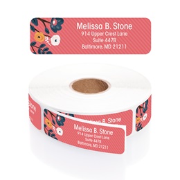 Coral Painted Blossoms Designer Rolled Address Labels with Elegant Plastic Dispenser