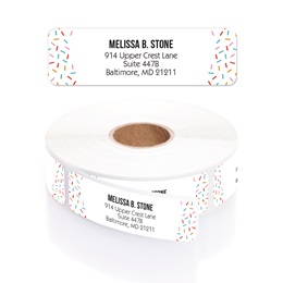 Bright Party Sprinkles Designer Rolled Address Labels with Elegant Plastic Dispenser