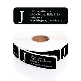 Simple Black Monogram Rolled Address Labels with Elegant Plastic Dispenser