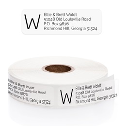 Clear Monogram Rolled Address Labels with Elegant Plastic Dispenser