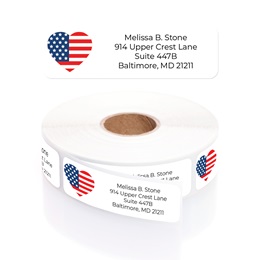 American Flag Heart Designer Rolled Address Labels with Elegant Plastic Dispenser