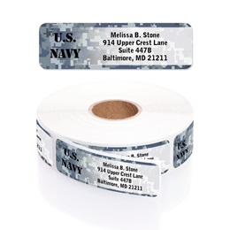 Blue Camo US Navy Designer Rolled Address Labels with Elegant Plastic Dispenser