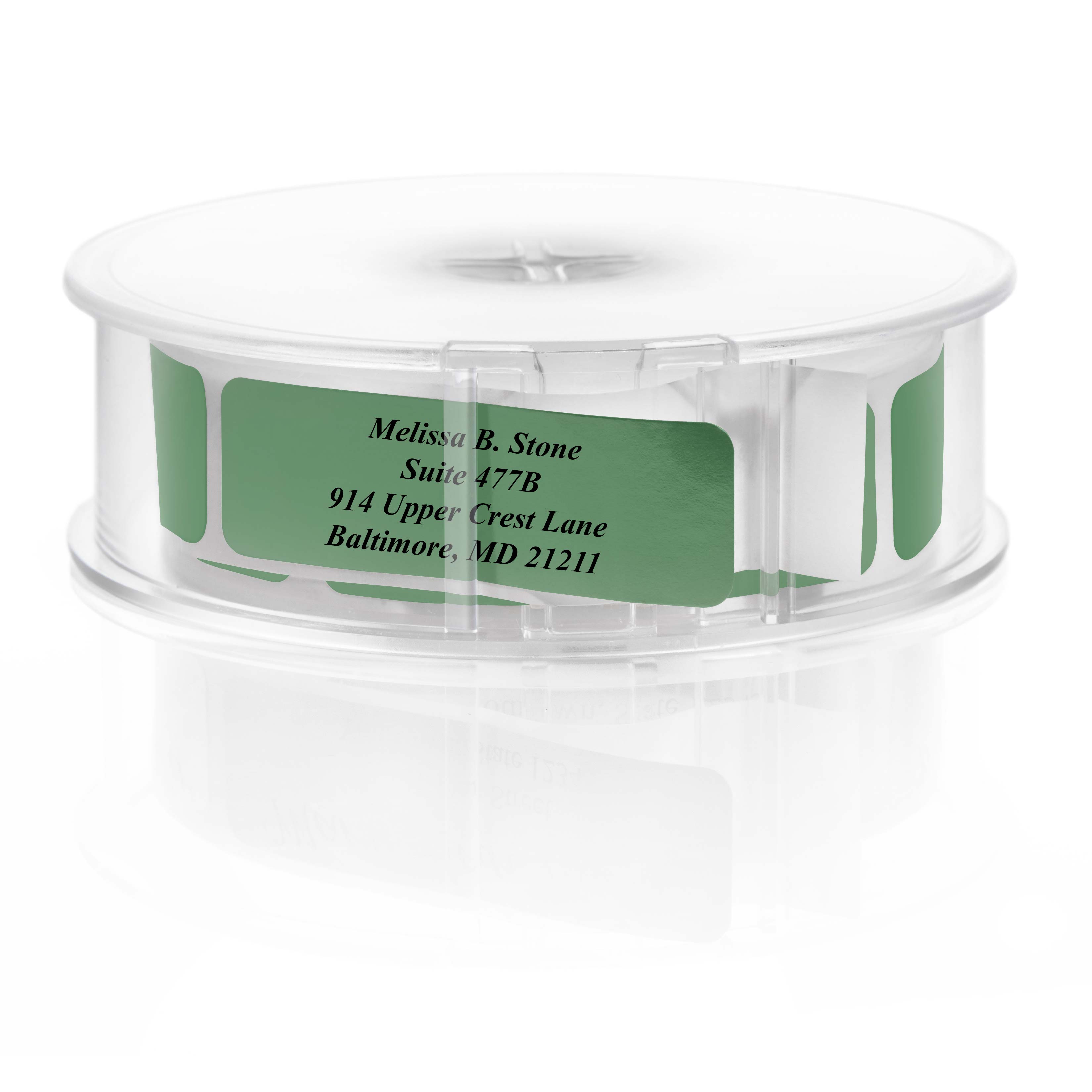 Green Foil Rolled Address Labels with Elegant Plastic Dispenser 