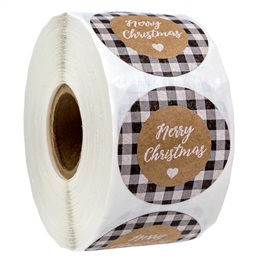 Kraft Brown Black & White Buffalo Plaid Merry Christmas Stickers