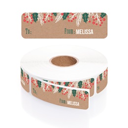 Kraft Style Holly Rolled Holiday Gift Tag Labels with Elegant Plastic Dispenser