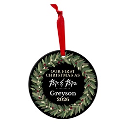 Personalized Newlywed First Christmas Magnolia Wreath Ornament