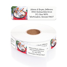 Hot Cocoa Marshmallow Snowman Designer Rolled Address Labels with Elegant Plastic Dispenser